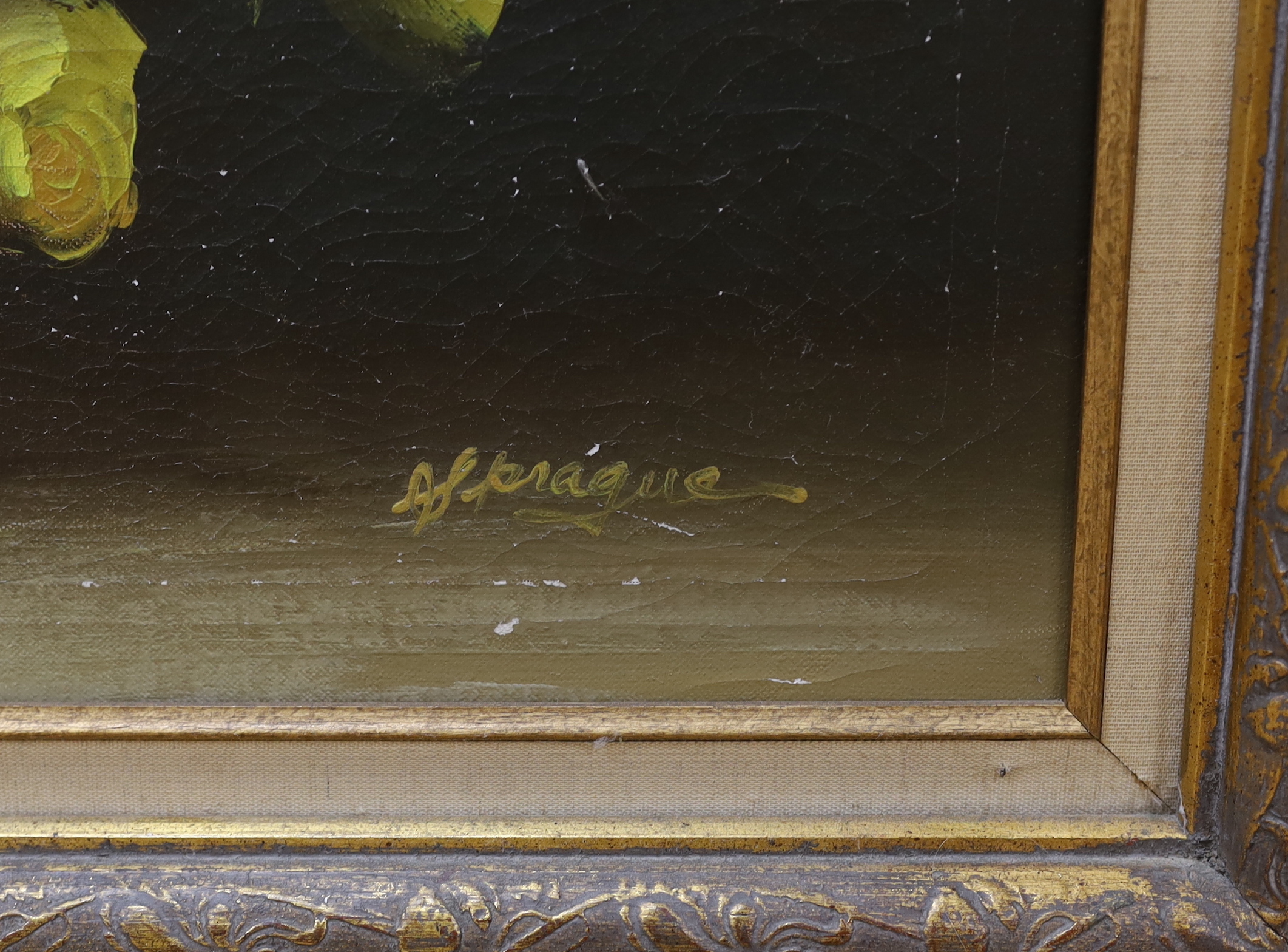 A.S. Prague, oil on canvas, Still life of roses in a bowl, signed, 59 x 89cm